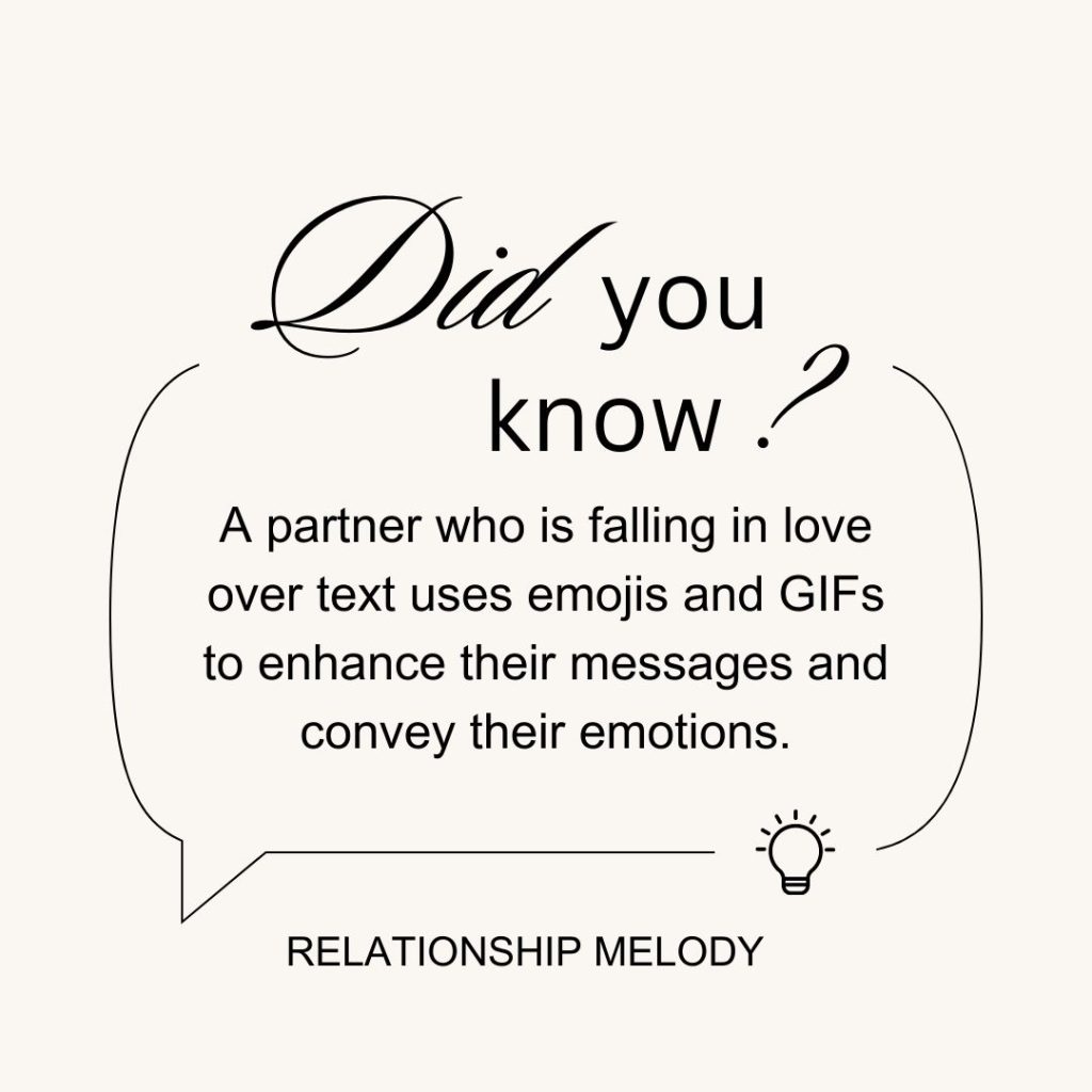 A partner who is falling in love over text uses emojis and GIFs to enhance their messages and convey their emotions.