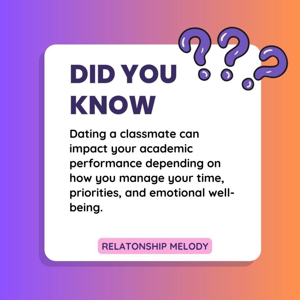 Dating a classmate can impact your academic performance depending on how you manage your time, priorities, and emotional well-being.