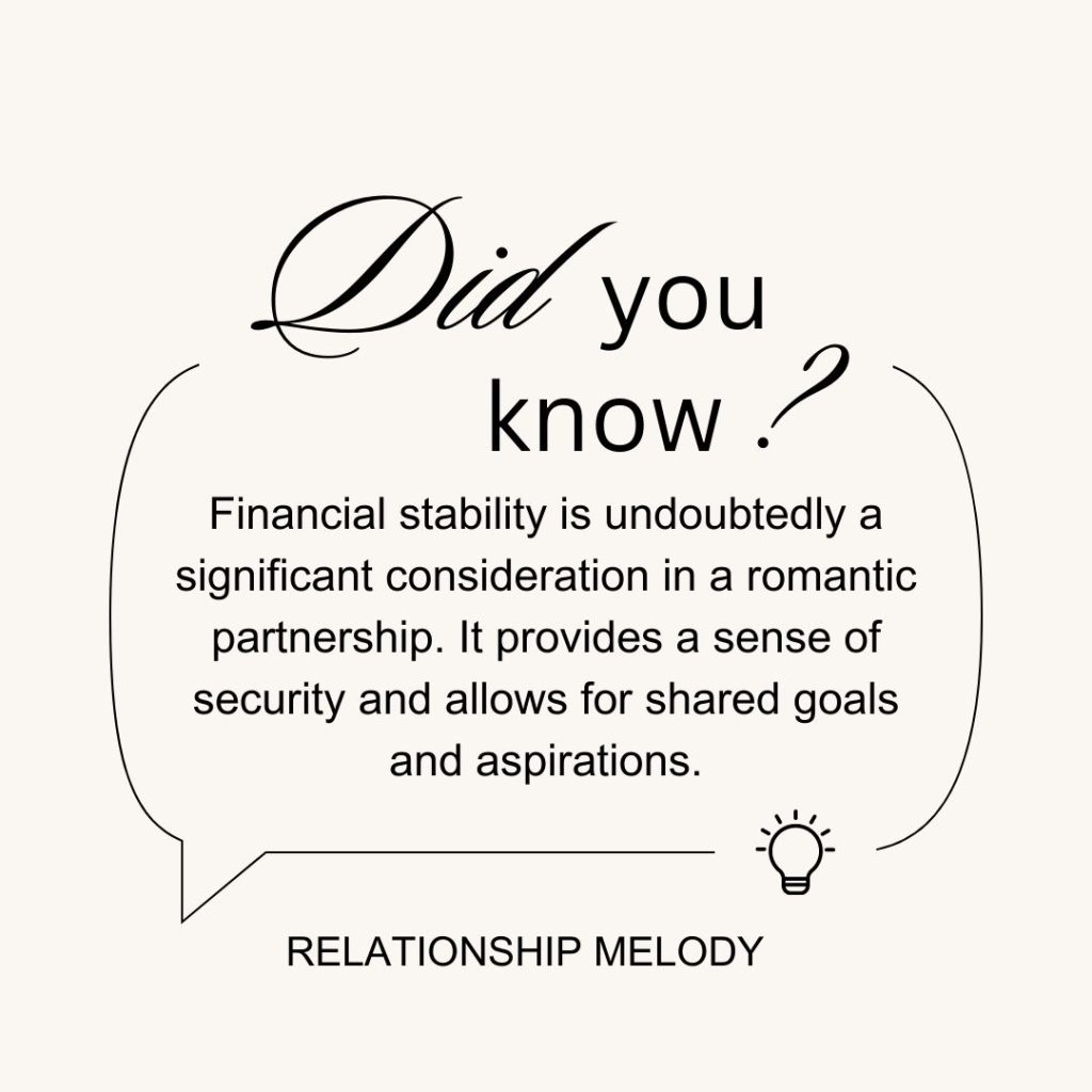 Financial stability is undoubtedly a significant consideration in a romantic partnership. It provides a sense of security and allows for shared goals and aspirations.