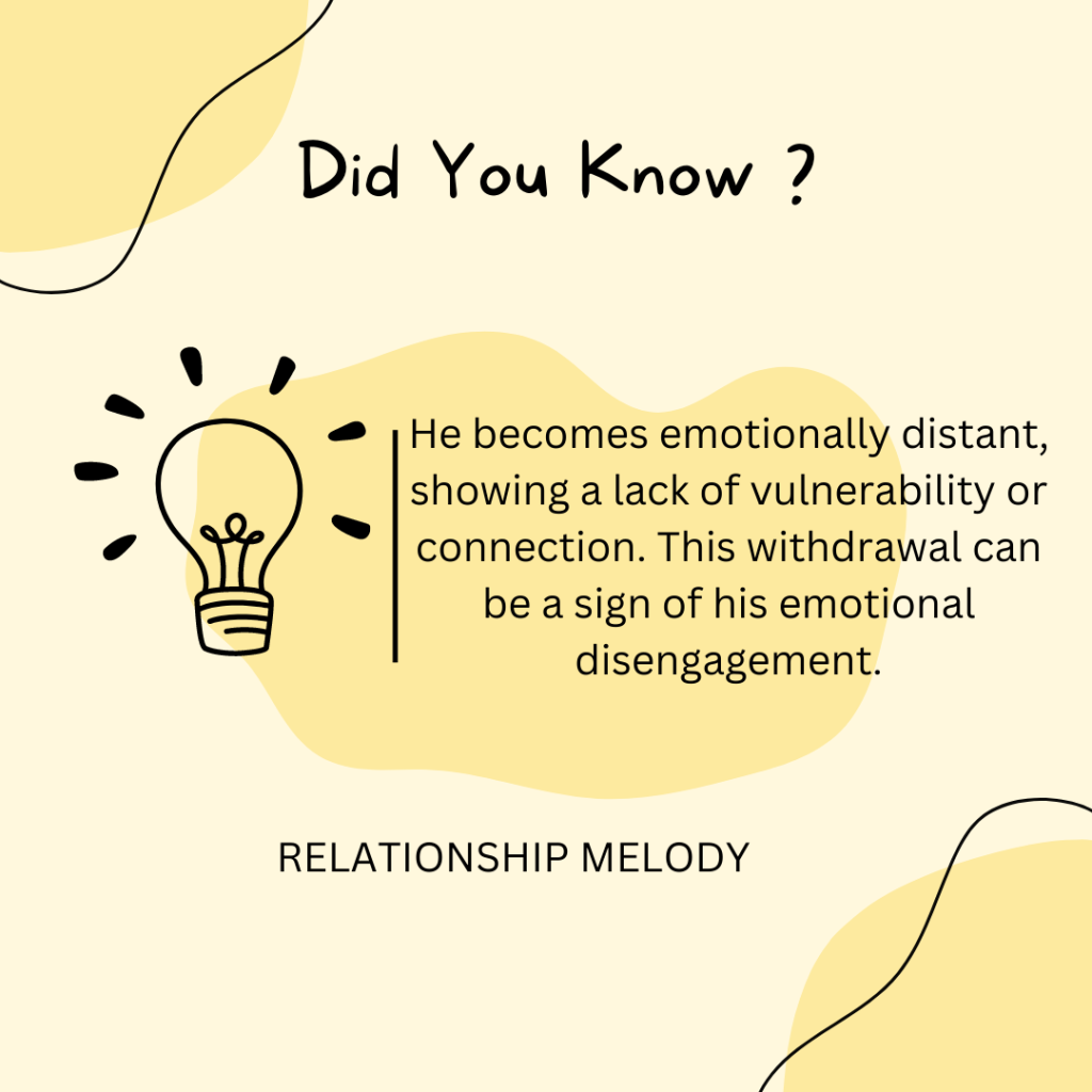 He becomes emotionally distant, showing a lack of vulnerability or connection. This withdrawal can be a sign of his emotional disengagement.