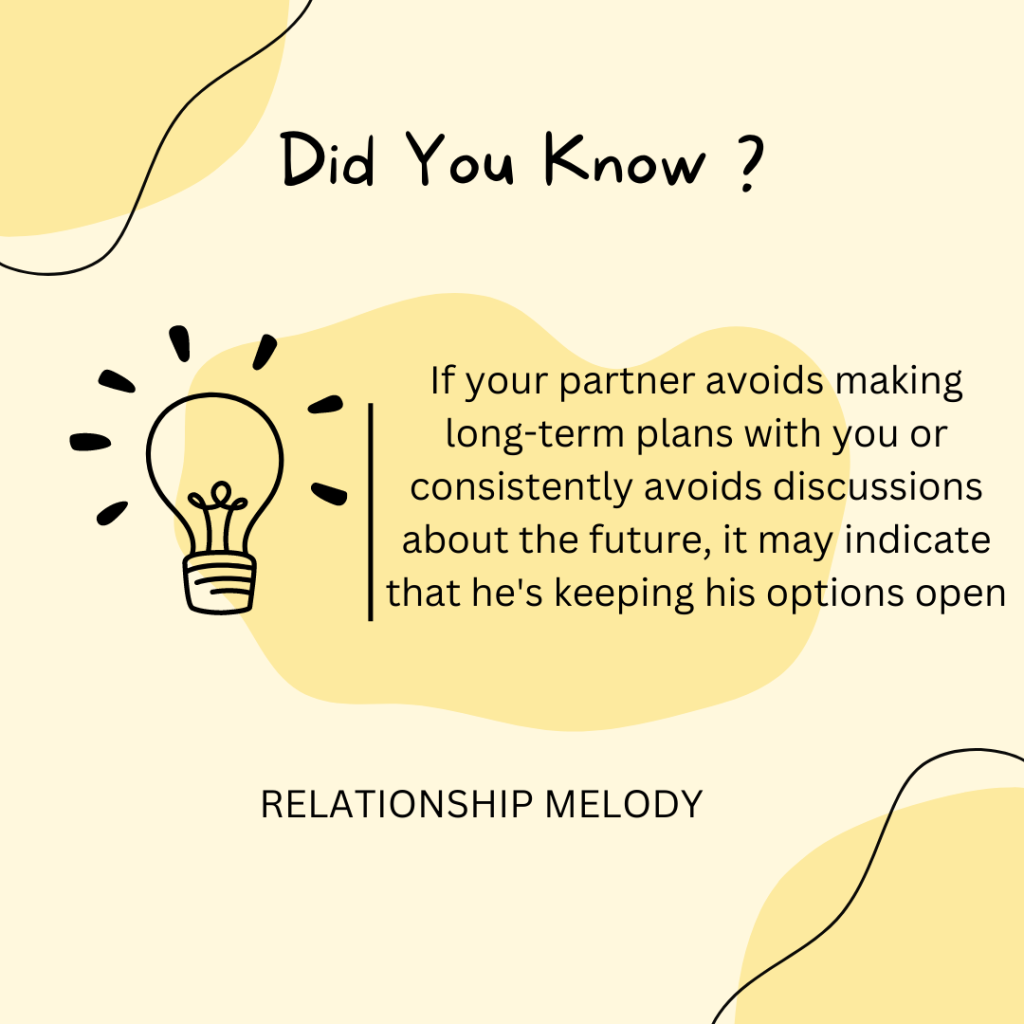 If your partner avoids making long-term plans with you or consistently avoids discussions about the future, it may indicate that he's keeping his options open