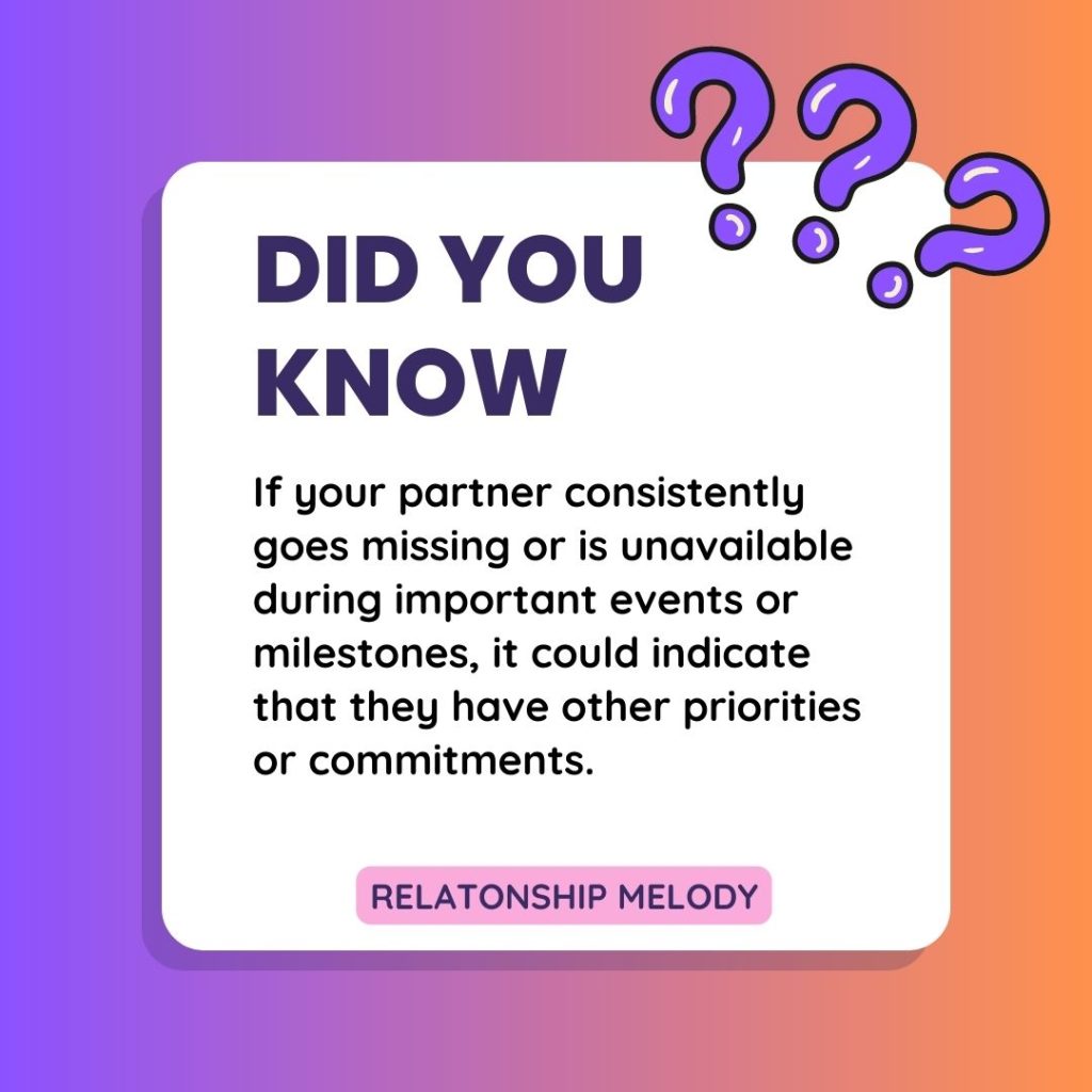 If your partner consistently goes missing or is unavailable during important events or milestones, it could indicate that they have other priorities or commitments.