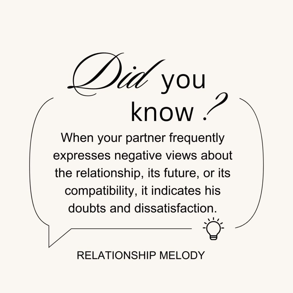 When your partner frequently expresses negative views about the relationship, its future, or its compatibility, it indicates his doubts and dissatisfaction.