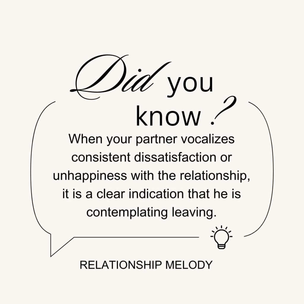 When your partner vocalizes consistent dissatisfaction or unhappiness with the relationship, it is a clear indication that he is contemplating leaving.