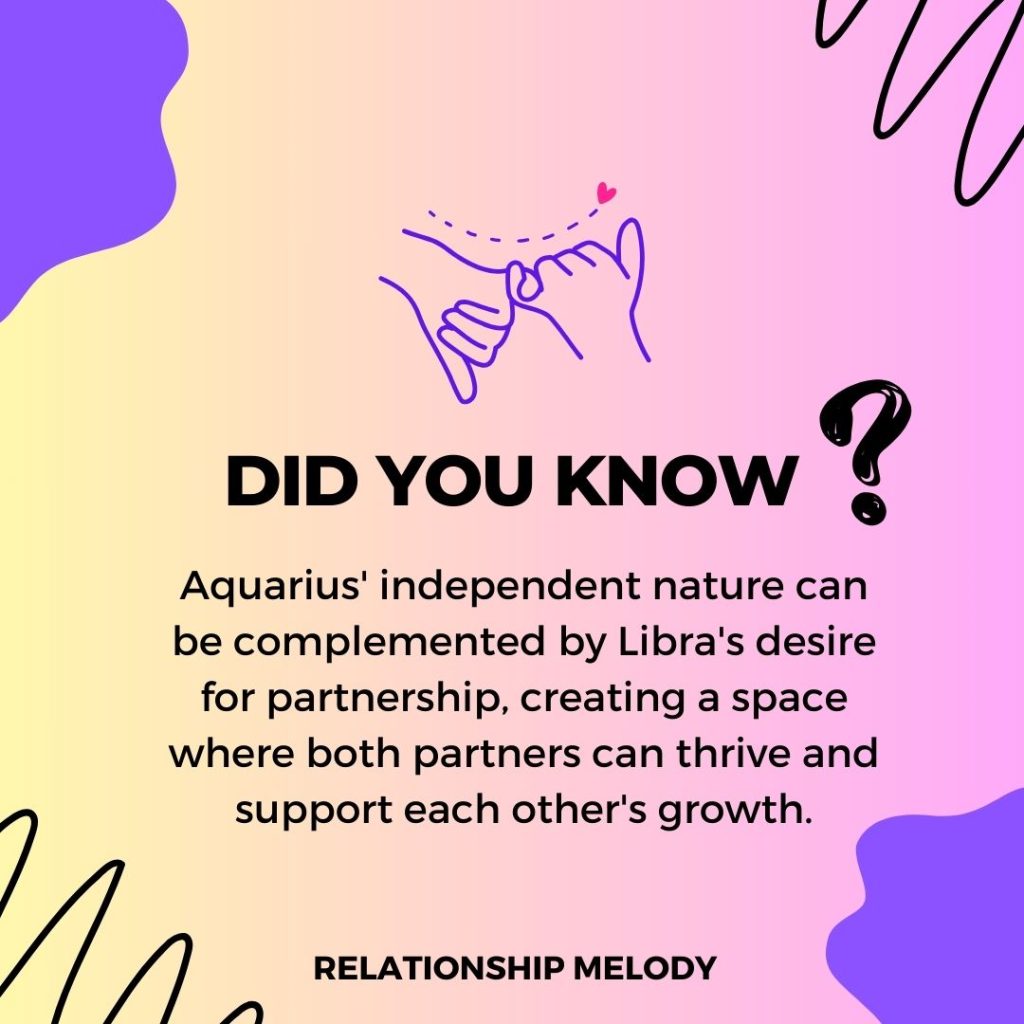Aquarius' independent nature can be complemented by Libra's desire for partnership, creating a space where both partners can thrive and support each other's growth.