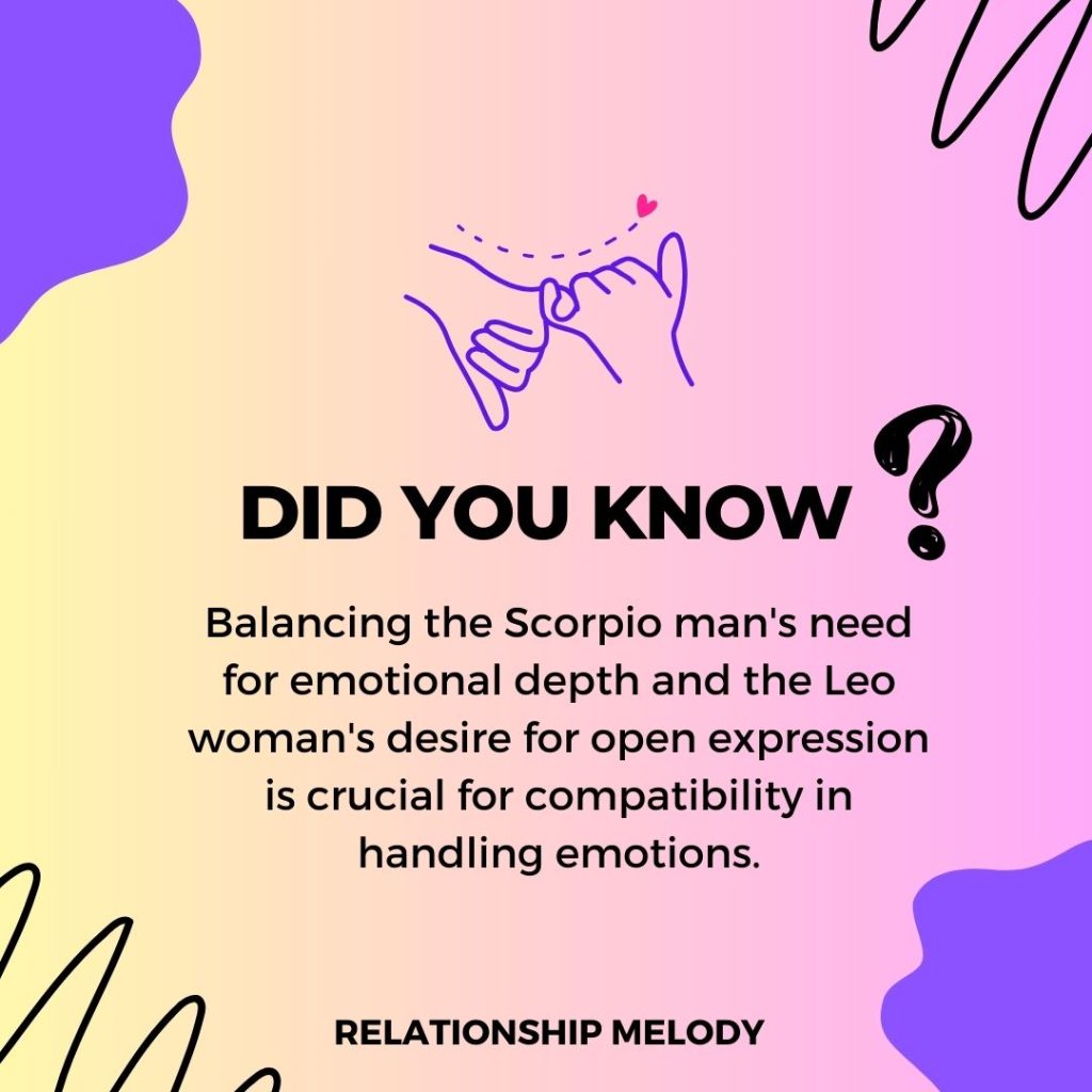 Balancing the Scorpio man's need for emotional depth and the Leo woman's desire for open expression is crucial for compatibility in handling emotions.