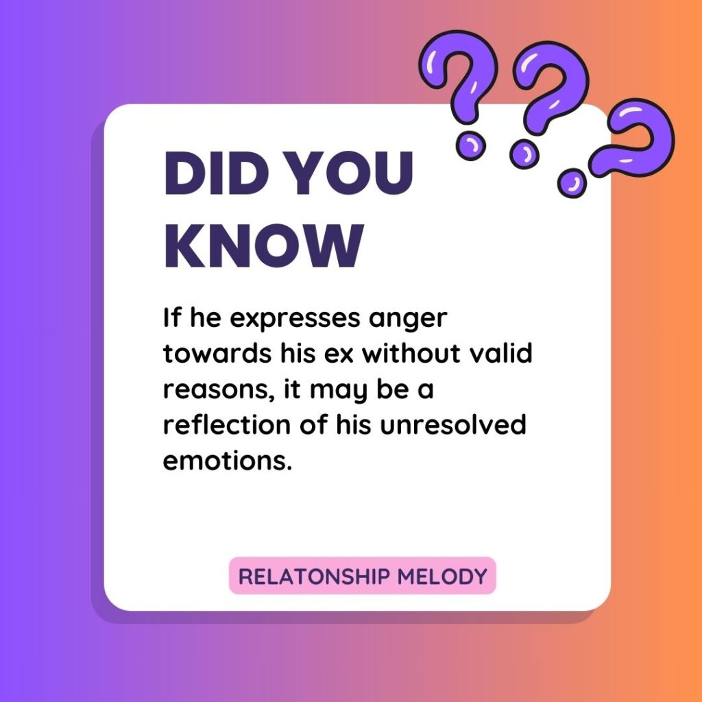 If he expresses anger towards his ex without valid reasons, it may be a reflection of his unresolved emotions.