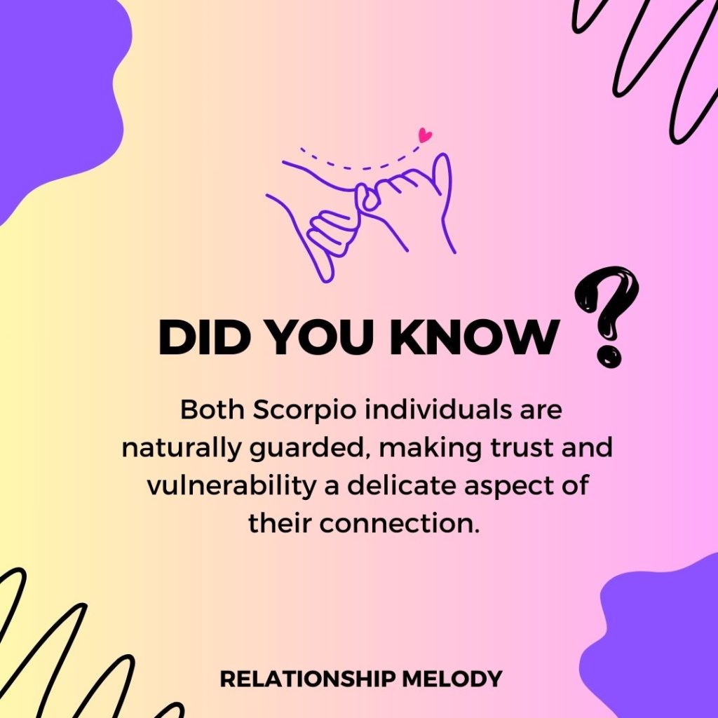  Both Scorpio individuals are naturally guarded, making trust and vulnerability a delicate aspect of their connection. 