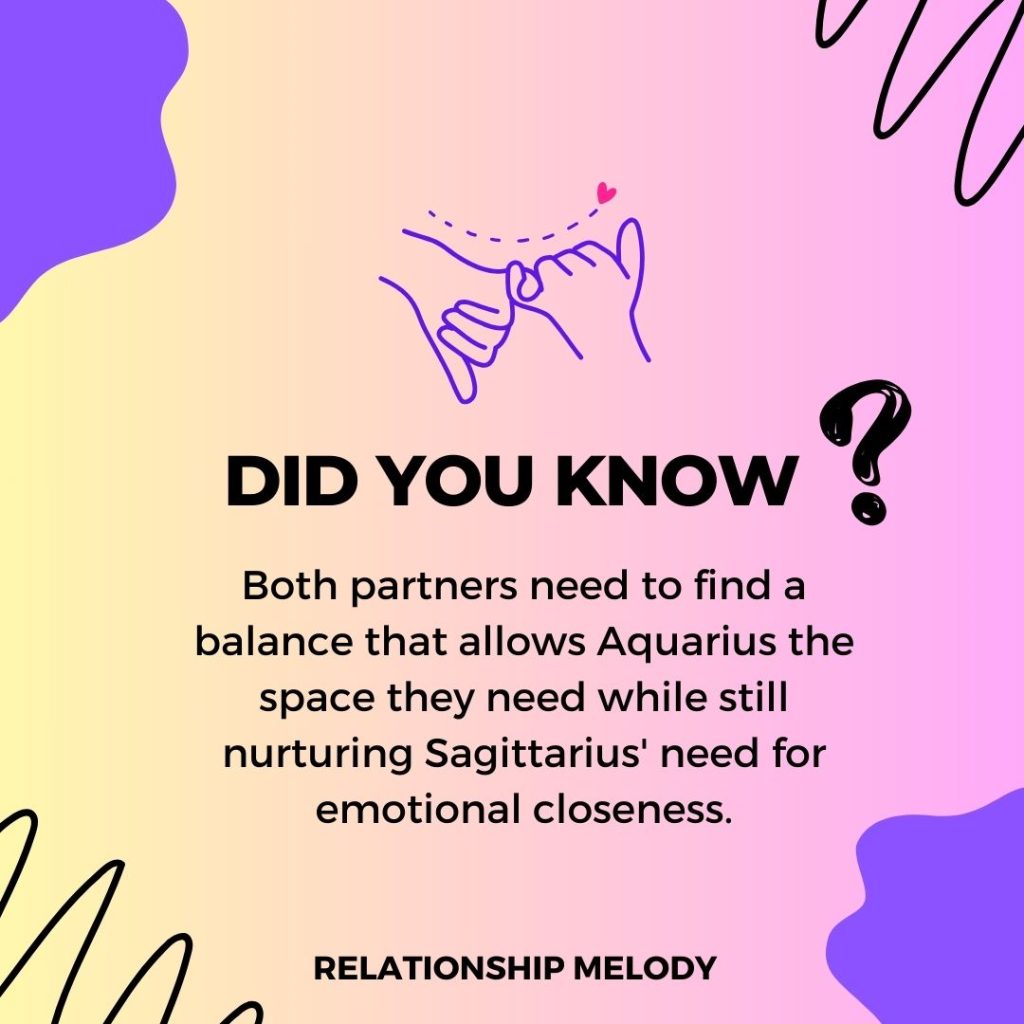 Both partners need to find a balance that allows Aquarius the space they need while still nurturing Sagittarius' need for emotional closeness.