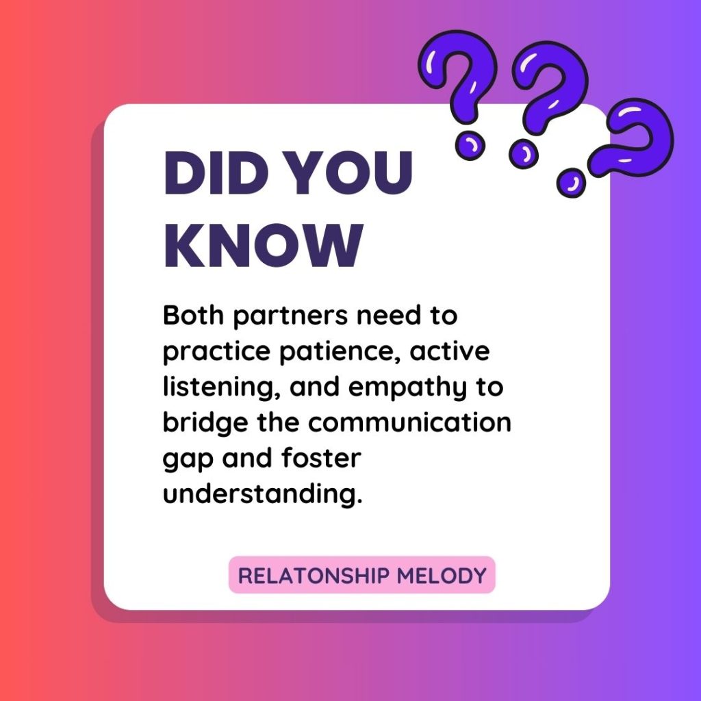 Both partners need to practice patience, active listening, and empathy to bridge the communication gap and foster understanding.