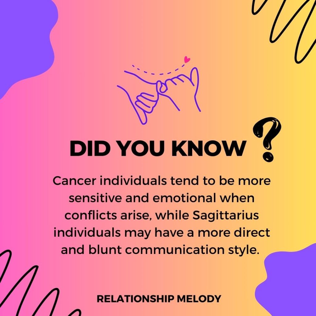 Cancer individuals tend to be more sensitive and emotional when conflicts arise, while Sagittarius individuals may have a more direct and blunt communication style. 