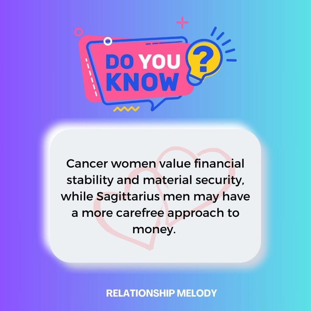 Cancer women value financial stability and material security, while Sagittarius men may have a more carefree approach to money. 