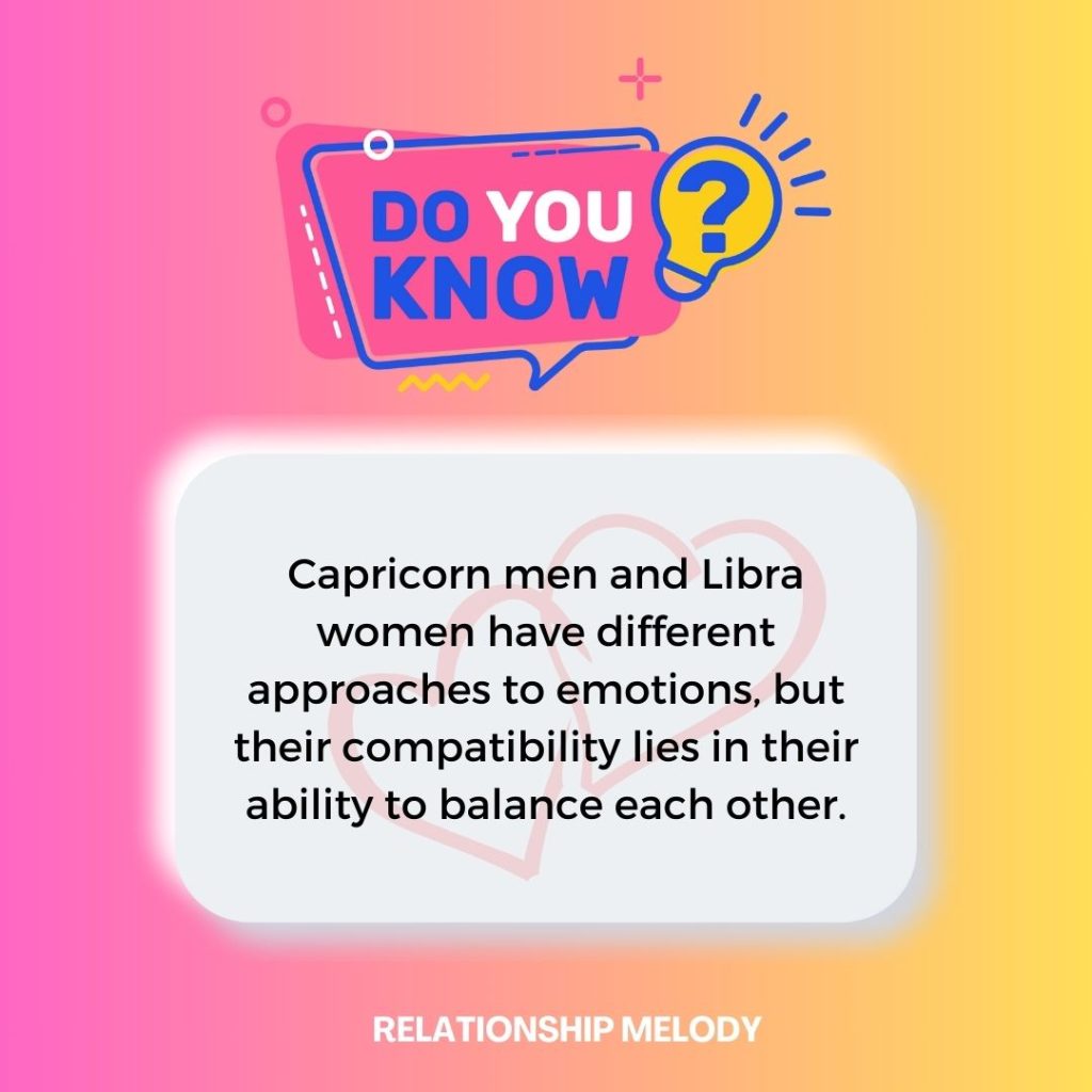 Capricorn men and Libra women have different approaches to emotions, but their compatibility lies in their ability to balance each other.