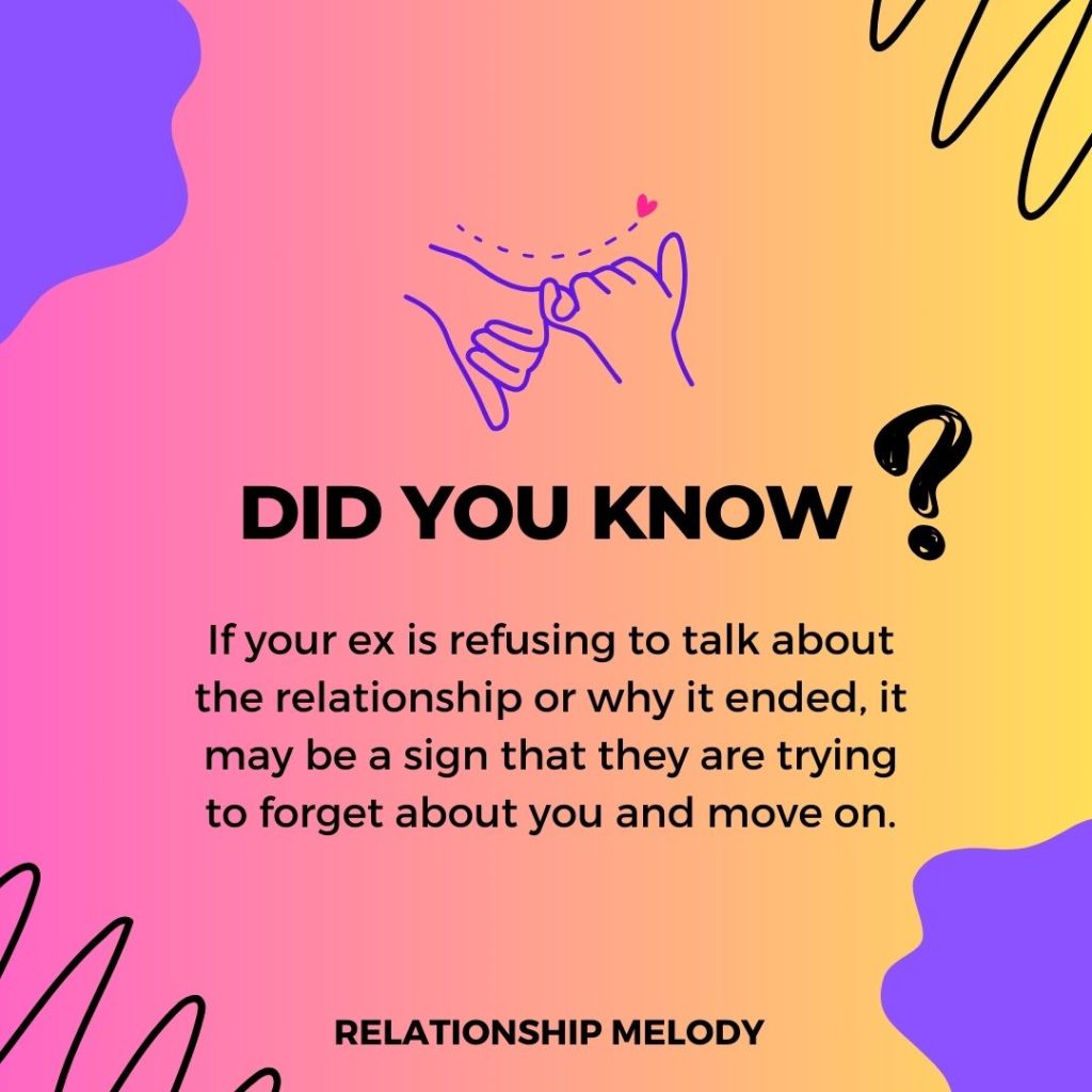 If your ex is refusing to talk about the relationship or why it ended, it may be a sign that they are trying to forget about you and move on.