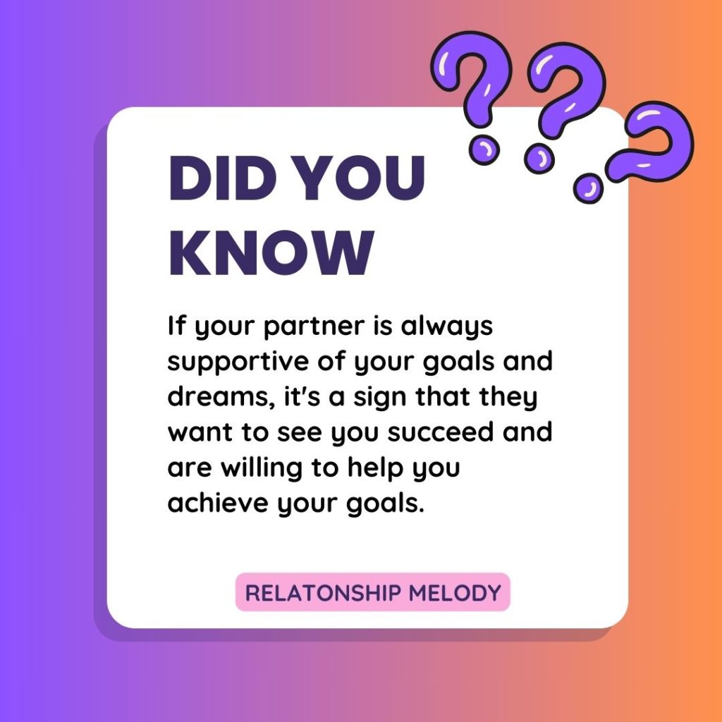 If your partner is always supportive of your goals and dreams, it's a sign that they want to see you succeed and are willing to help you achieve your goals.