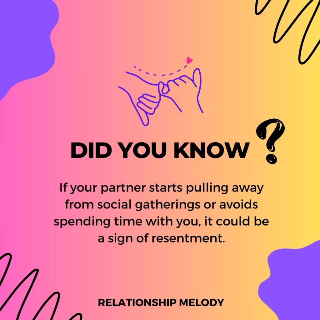 If your partner starts pulling away from social gatherings or avoids spending time with you, it could be a sign of resentment.