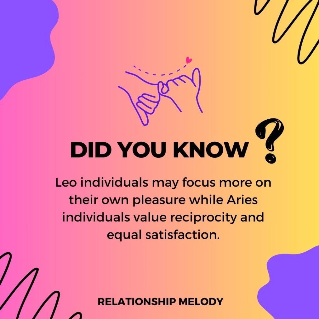 Leo individuals may focus more on their own pleasure while Aries individuals value reciprocity and equal satisfaction.