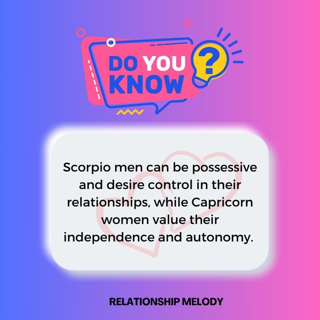 Scorpio men can be possessive and desire control in their relationships, while Capricorn women value their independence and autonomy. 