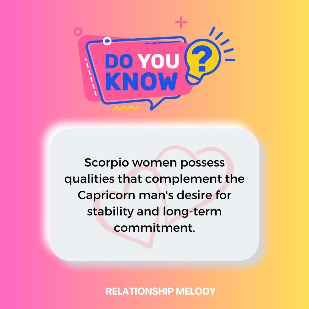 Scorpio women possess qualities that complement the Capricorn man's desire for stability and long-term commitment.