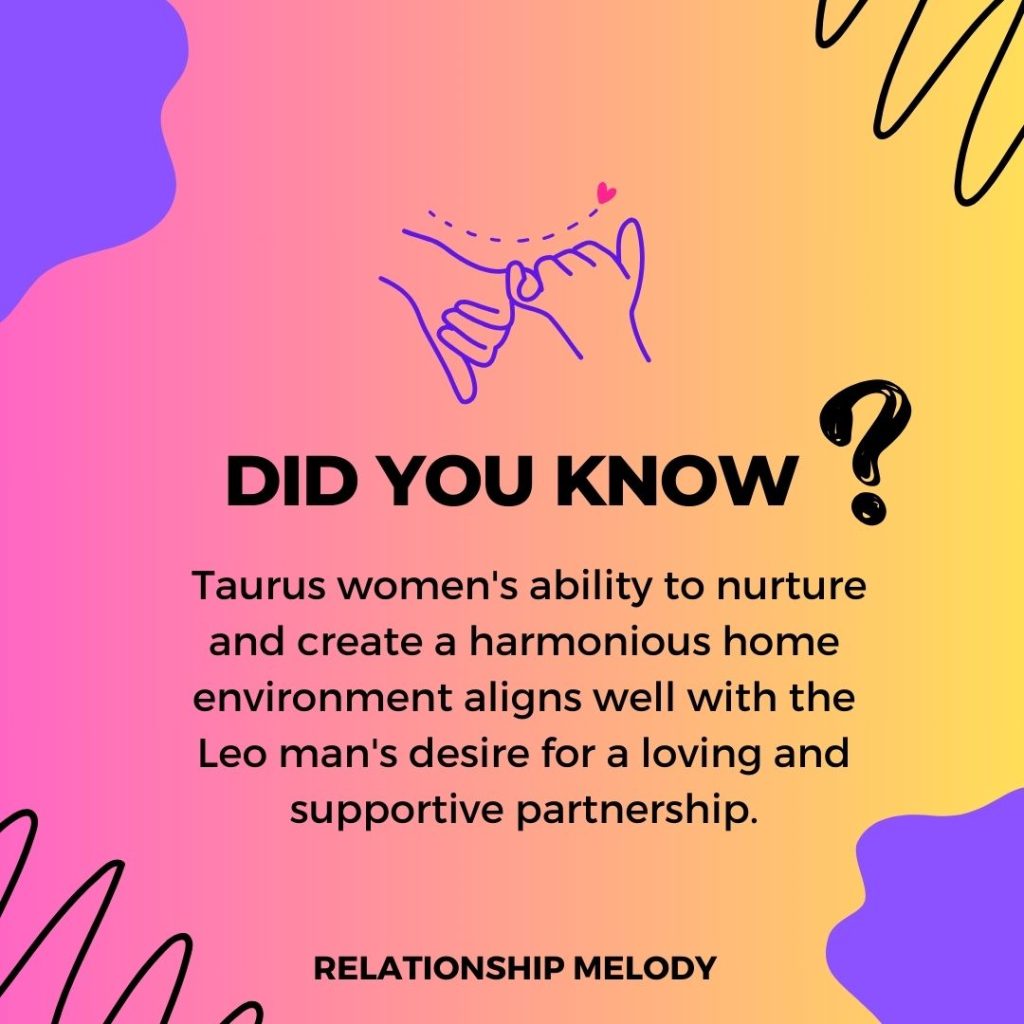  Taurus women's ability to nurture and create a harmonious home environment aligns well with the Leo man's desire for a loving and supportive partnership.