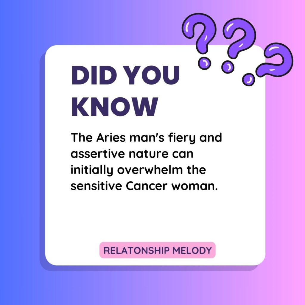 The Aries man's fiery and assertive nature can initially overwhelm the sensitive Cancer woman.