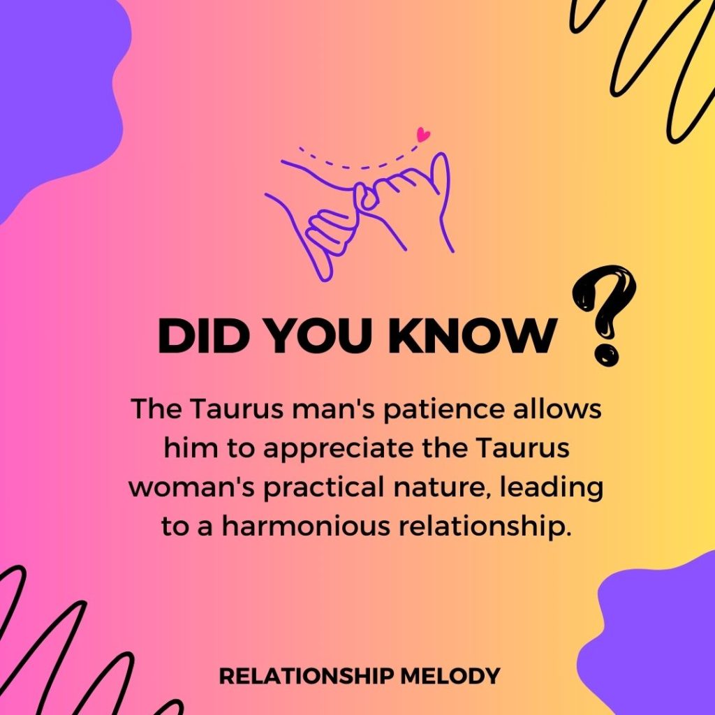 The Taurus man's patience allows him to appreciate the Taurus woman's practical nature, leading to a harmonious relationship.