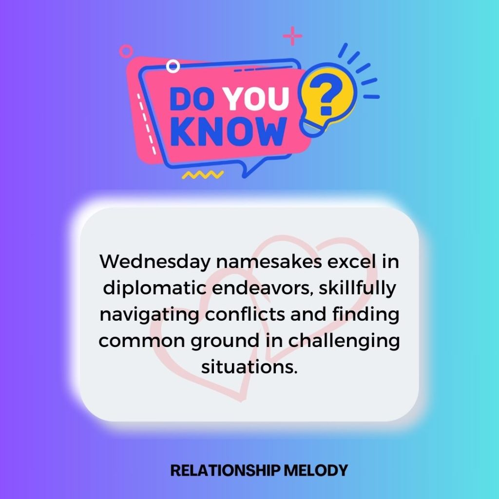 Wednesday namesakes excel in diplomatic endeavors, skillfully navigating conflicts and finding common ground in challenging situations.
