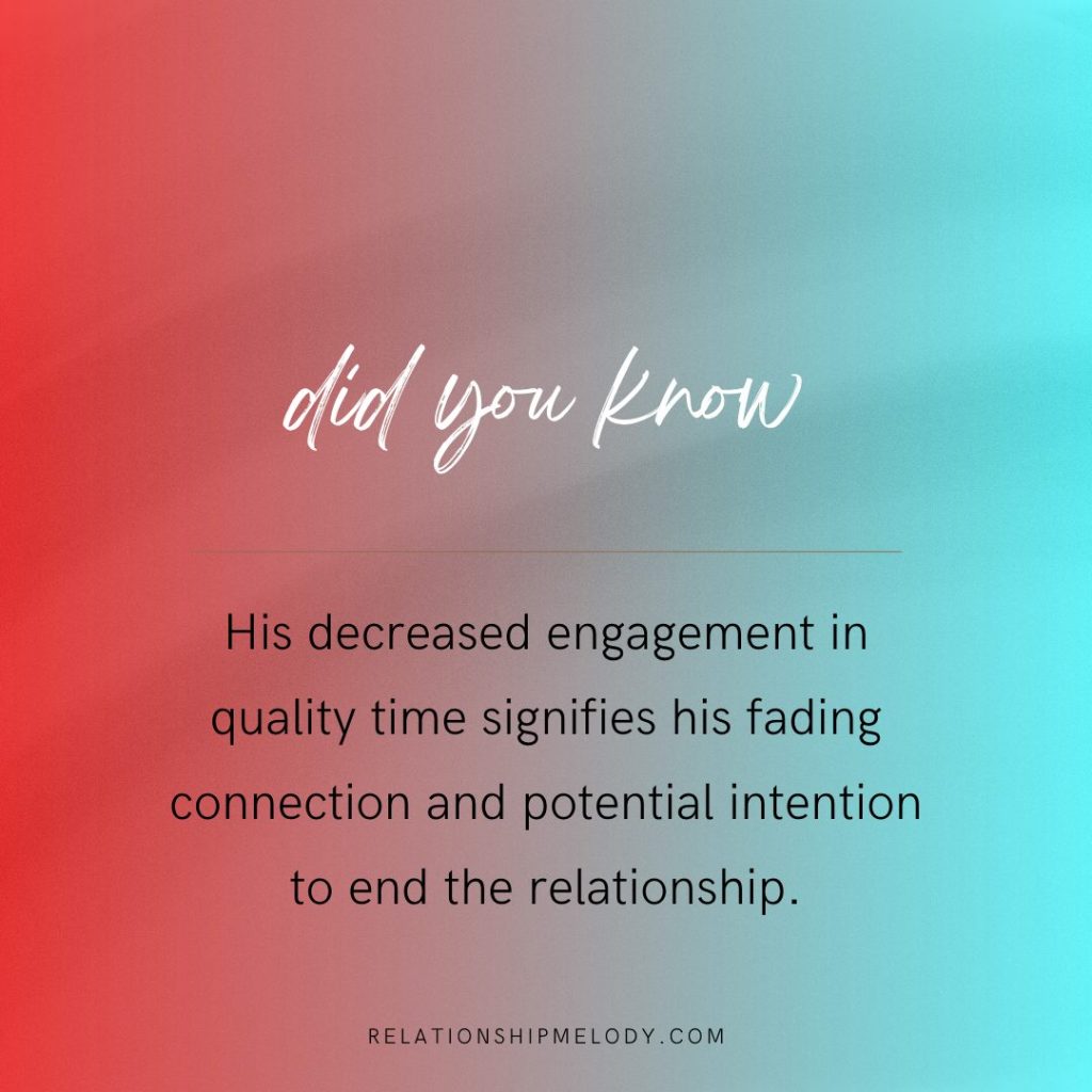 His decreased engagement in quality time signifies his fading connection and potential intention to end the relationship.