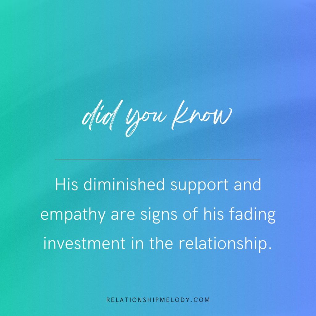 His diminished support and empathy are signs of his fading investment in the relationship.