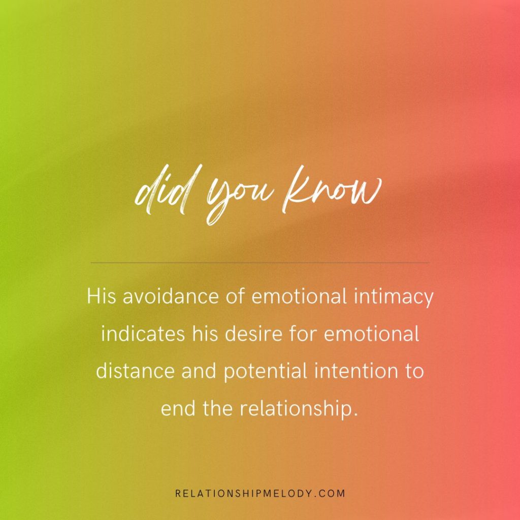His avoidance of emotional intimacy indicates his desire for emotional distance and potential intention to end the relationship.